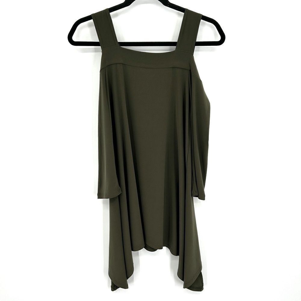 CLARA SUN WOO Olive Green Square Neck Cold Shoulder Shark Bite Hem Jersey Top XS